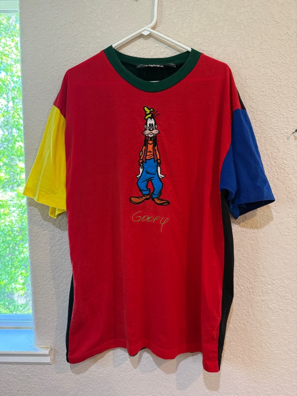 Vintage Disney Goofy Colorblock Tee - Red, Yellow, Blue, Green, Black L/XL